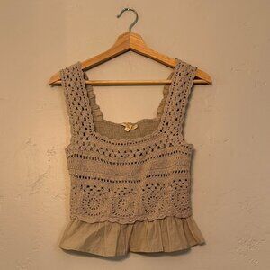 Rebellion Again Taupe/Green Crochet Top Size Small